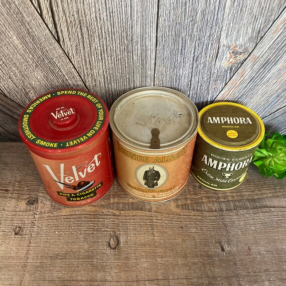 regular can of tobacco no says i 3 Vintage Prince Albert, Velvet, Amphora Tins, Crimp Cut Pipe and Cigarette  Tobacco Canister, Vintage Metal Empty Canister, Ellathesella