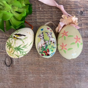 3 Vintage Easter Eggs, Hand Painted Real Eggs for Easter Tree, Tin Lithograph Candy Container Easter Decoration, Intricate Easter Decor