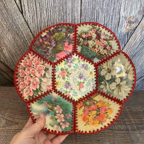 Vintage Crochet Card Basket Handmade Floral Greeting Cards Sewn Together into a Basket Tramp Art Repurposing Flower Bowl Ellathesella