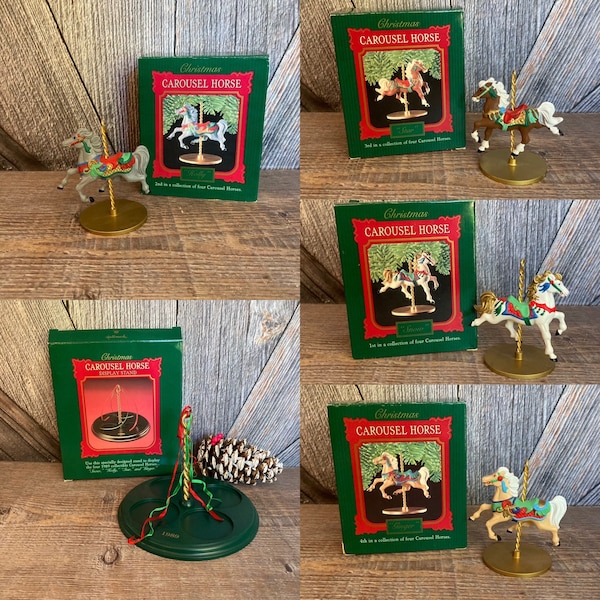 5 Vintage Carousel Horse Christmas Ornaments {Hallmark Keepsake Ornament Ginger Snow Star Holly 1989} Holiday Tree Ornament with Display