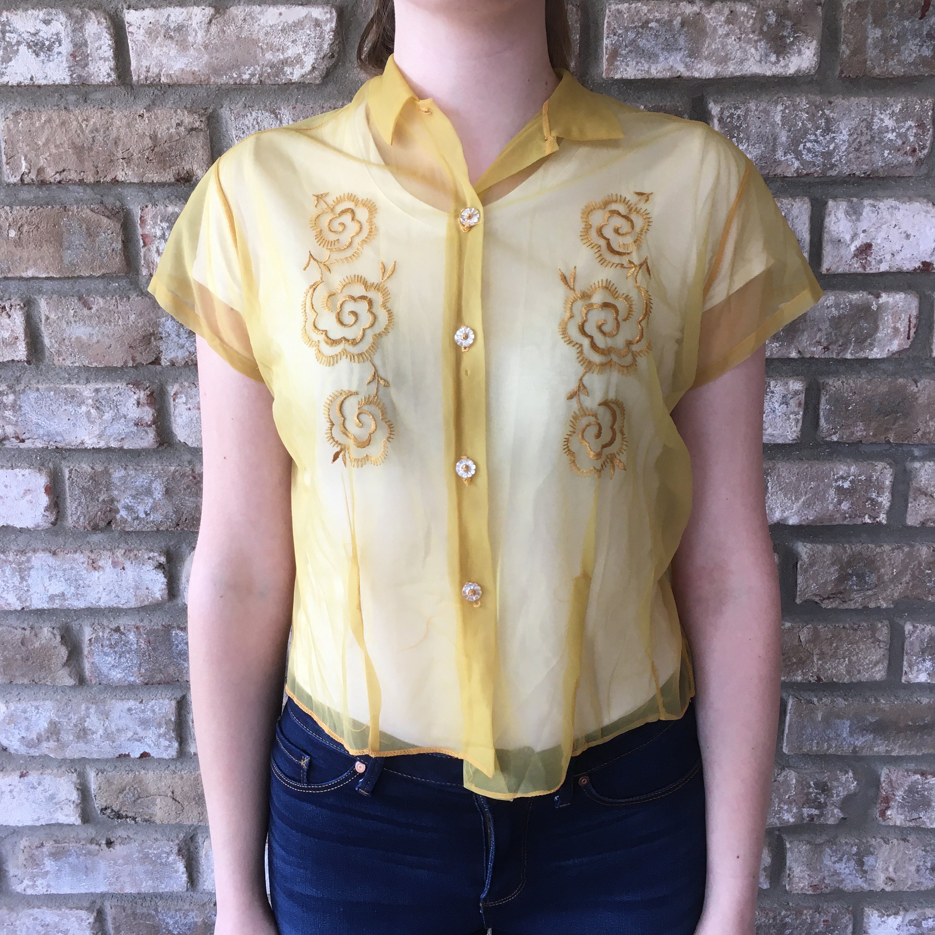 Vintage Blouse Yellow See Through Mustard Short Sleeve Button - Etsy