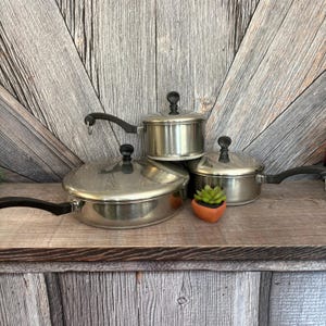 Vintage Pan Set, Farberware Aluminum Clad Stainless Steel 6 Piece Pots and Pans Sauce Pan Skillet Set Wedding Gift Vintage Kitchen