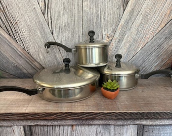 Vintage Pan Set, Farberware Aluminum Clad Stainless Steel 6 Piece Pots and Pans Sauce Pan Skillet Set Wedding Gift Vintage Kitchen