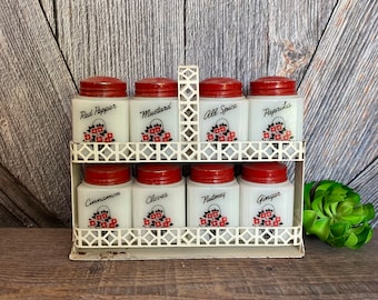 Vintage Tipp City Spice Rack Red Milk Glass Jars Complete 8 Jars and tilt rack Vintage Spice Rack Kitchen Storage Spices Storage Shelf