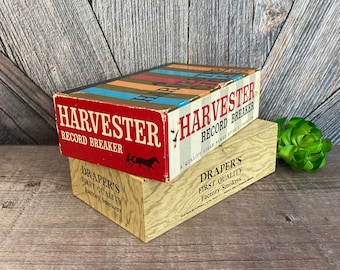 2 Vintage Cigar Boxes Wooden Authentic Cigar Box {Harvester Factory Smokers} Vintage Decor Storage Box DIY Repurpose Wood Box Bachelor