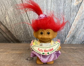 Vintage Christmas Troll {Feliz Navidad Mini Tree Hanging Ornament Christmas Troll} Russ Berrie Original Decorations Red Hair 3 inch Holiday