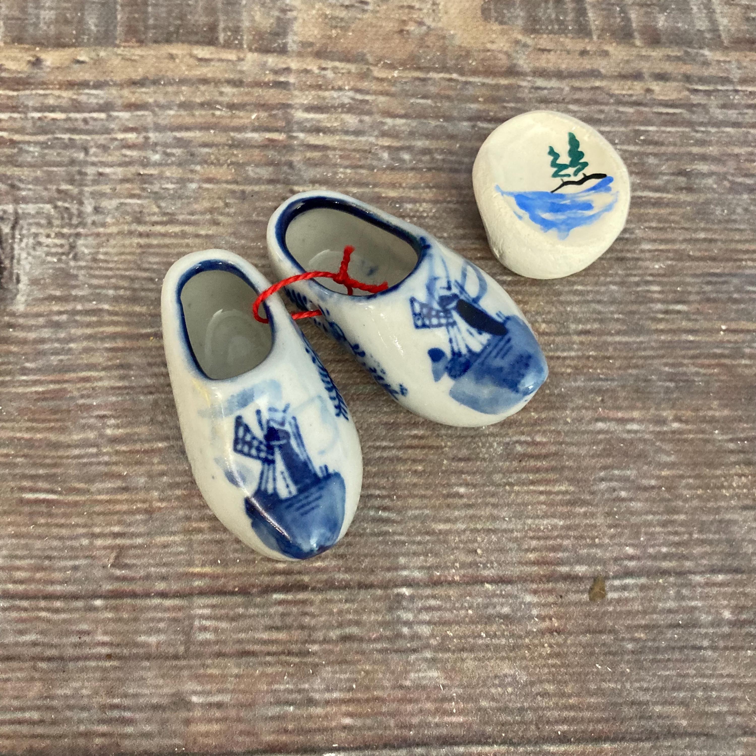 Vintage Wooden Shoes {MINIATURE Ceramic Dutch Wooden Clogs Dutch Pattern Tulip Time Souvenir Small Decorative Wall Hanging, Keychain Gift