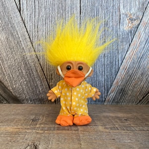 Vintage Duck Troll Doll {Chick or Duck Troll with Yellow Hair} Russ Berrie {5 inch Troll} Vintage Troll Doll Easter Spring Chicken Poka Dot