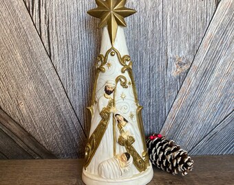 Vintage Tall Narrow Christmas Nativity Scene 1 piece Resin Decoration, with Mary, Joseph, Jesus, Holy Family