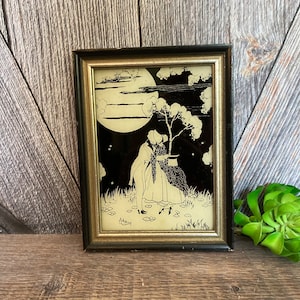 Victorian Couple Silhouette Lover&#39;s Lane Reverse Glass Painting Antique Vintage Glass Picture Courting Portrait Art Reliance