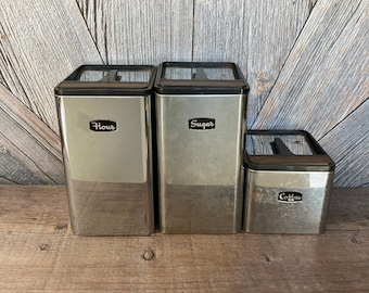 Vintage Canister Set {Set of 3 Vintage Kitchen Storage} Square Chrome Coffee Vintage Metal Mid Century Signature Silver cubes RUSTIC