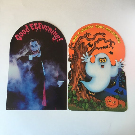 2 Vintage Halloween Vampire Ghost Decoration Cardboard Paper Die Cut Witch Cute Retro Ambassador Hallmark 80s Matching Count Dracula Scary