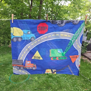 Little Boy Toddler Pillowcase {Vintage Pillow Sham Pillow Case} Double Sided Baby Boy Kid&#39;s Bedroom, Construction, Cement Truck, Crane