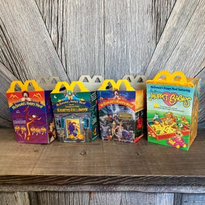 4 Vintage McDonalds Happy Meal Boxes, Cardboard Cartons, Mystic Knights of tir na nog, Disney Mulan, Ronald Haunted Halloween, Muppet Babies