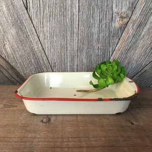 Vintage Enamel Pan Rectangular Indoor Garden Prepper Planter Vegetables Enamelware Pan Storage Container  Garden Sustainable Ecofriendly