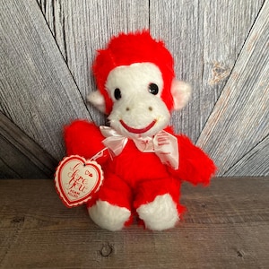 Vintage Monkey Plush Toy Stuffed Animal {Pink Valentine&#39;s Day Monkey Valentine} 10 in Kids Toy Plush Monkey Nursery Decor Baby Shower Gift