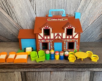 Vintage Fisher Price Little People House {Play Family House Complete furniture people} Little People Toy Chairs Table Tudor 80s Brown 952