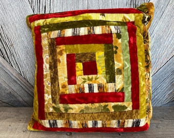 Vintage Pillow Handmade Patchwork Quilted Pillow Accent Pillow, 70's Multicolored Handmade Pillow Scrap Pillow Ellathesella