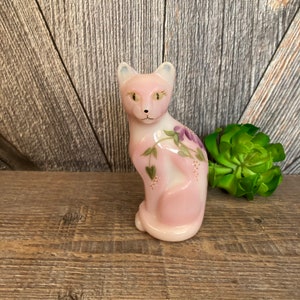 Vintage Fenton Honor Collection Cat Figurine Pink Glass Cat Rosalene Hand Painted Artwork Sculpture Crazy Cat Lady Collectable Gift 5 inch
