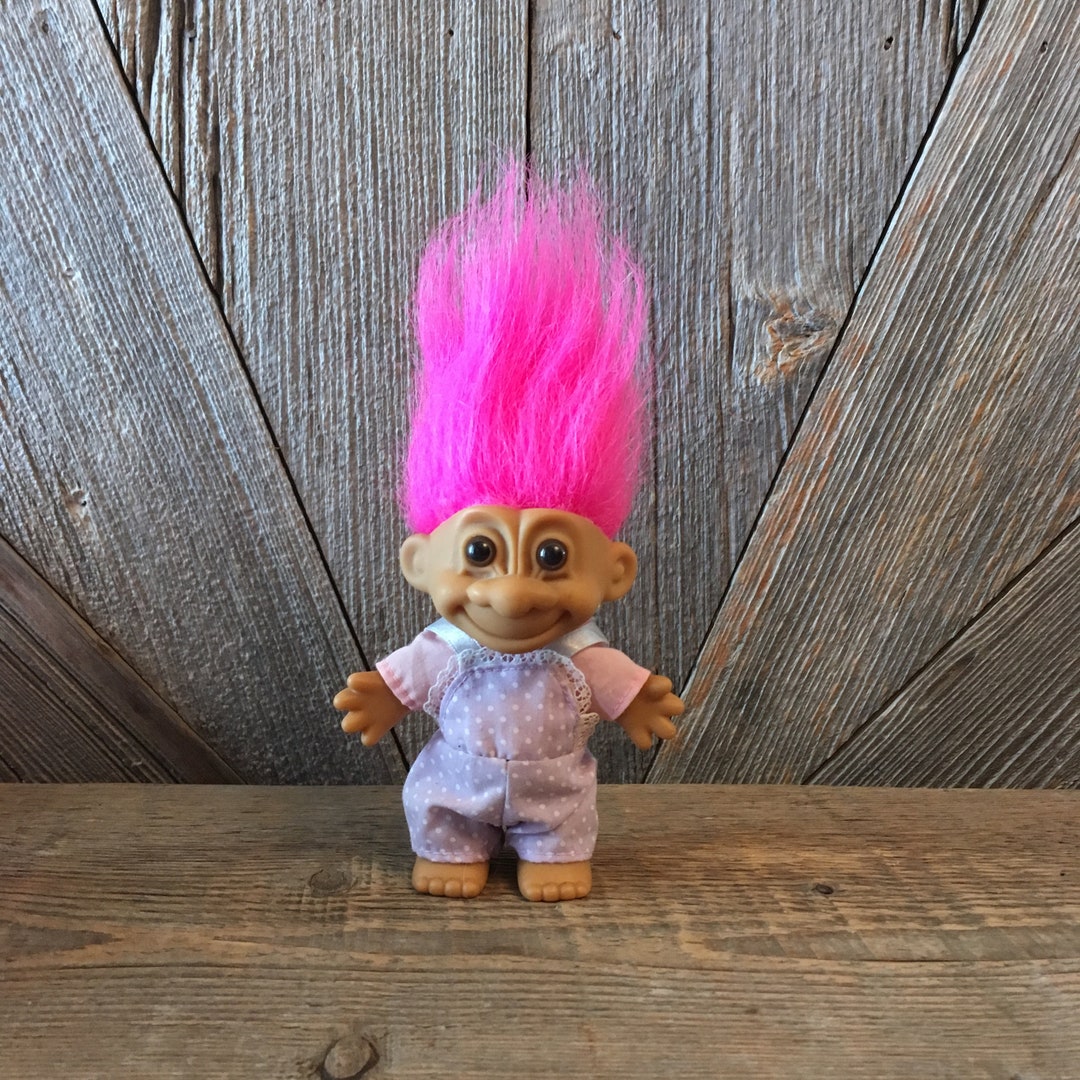 Vintage Troll Doll baby Sailor Troll With Pink Hair Purple Overalls