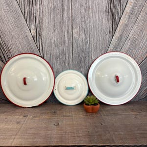May include: Three white enamel pot lids with red and teal trim. The lids are arranged on a wooden surface with a small potted succulent. The lids have red or teal handles.