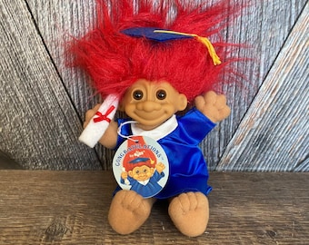 Vintage Graduation Troll Doll {90s Super Grad Party Decor Plush Fabric Soft Body Troll Hair} Russ Berrie Large 7 inch Vintage dipolma