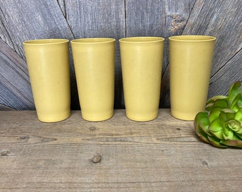 4 Vintage Tupperware Tumblers Tall Cups Glasses Plastic Tupper Ware Storage Container 873 Large Stacking Yellow 70s Wedding Gift Kitchen