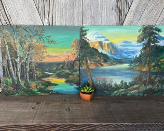 2 Vintage Nature Paintings {Large Mountain Forest Lake Woods Acrylic Painting} Vintage Handmade Picture Hand painted 16.5 x 13.5 Set