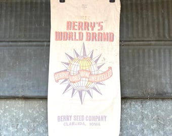 Vintage Berry's World Brand seed sack Berry Seed Co. Clarinda Iowa Great project bag in good shape. Med weight Cotton linen feed sack IA ad.