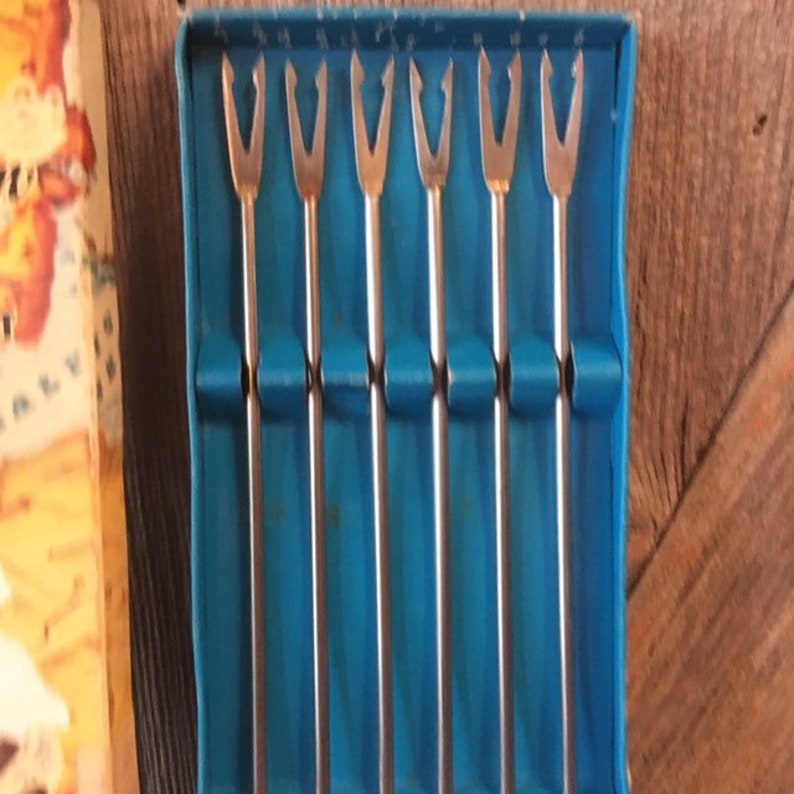 Wood Handles set 6 Fondue Forks {Six Vintage Fondue Forks} Colored Ends 70s Melted Cheese Melted Chocolate Skewer Sticks Stainless Steel