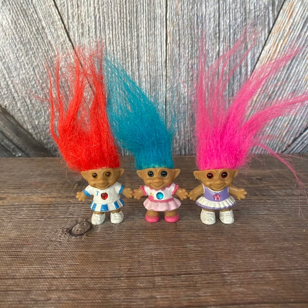 Vintage Troll Dolls {3 Mini Treasure Trolls Ace Novelty {1.5 inch Troll} Vintage Troll Doll Jewel Belly Wishstone DIY Craft Troll Lot Jelly