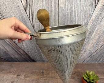 Vintage Strainer Sieve with Pestle Can Canning Applesauce Two Piece Wood Pestle Cone Sieve Masher Colander Metal Strainer Tomatos Prep