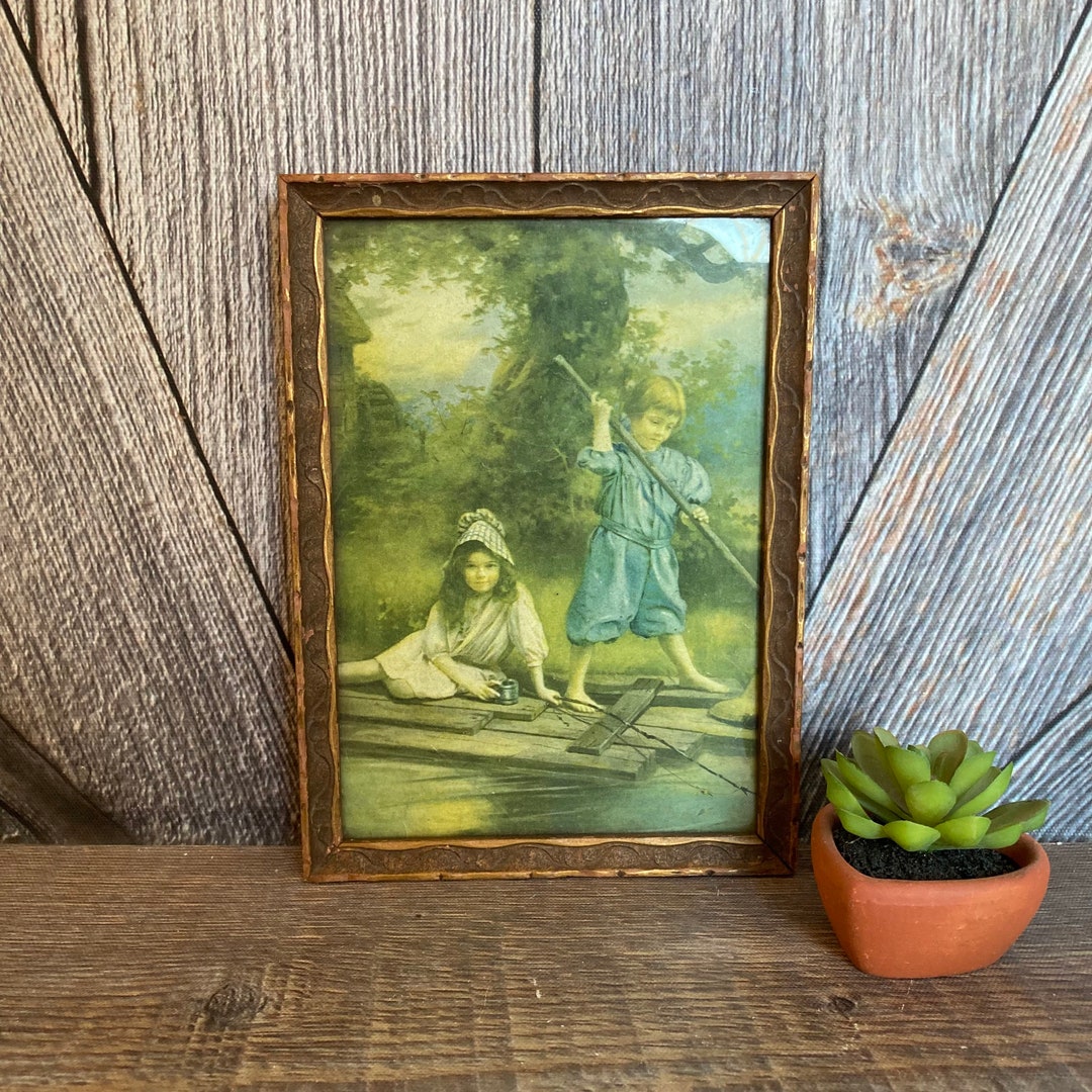 Vintage Children Print Girl and Boy on River Raft Fishing Etsy