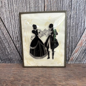 Victorian Couple Silhouette Reading Newspaper Reverse Glass Painting Antique Vintage Glass Picture Courting Portrait Art Reliance