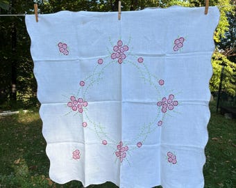Vintage Cross Stitch Tablecloth Embroidered Floral 39 x 39 Inches Handmade Cross Stitch Embroidery Table Linen Spring Summer Kitchen
