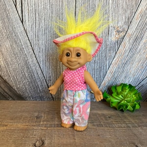 Vintage Troll Doll {Russ Berrie Troll w/ Yellow Hair} Troll in Sun Hat {TALL 6.5 inch Troll} Vintage Troll Doll Easter Basket Filler Summer