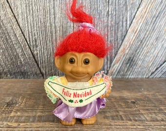 Vintage Christmas Troll {Feliz Navidad Mini Tree Hanging Ornament Christmas Troll} Russ Berrie Original Decorations Red Hair 3 inch Holiday