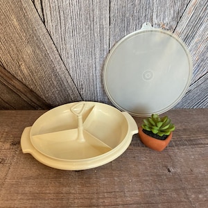 May include: A three-sectioned, off-white plastic serving dish with a removable lid. The dish has a handle in the center and is perfect for serving snacks or appetizers.