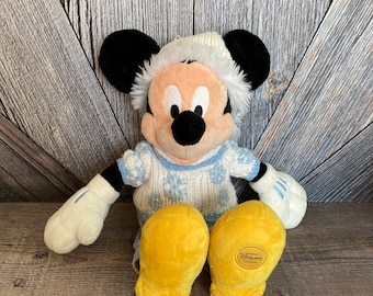 Vintage Mickey Mouse Stuffed Toy Christmas Holiday Sweater Snowflake {Mickey 14 inch Toy} Disney Store Exclusive Animal Plushie Nursery