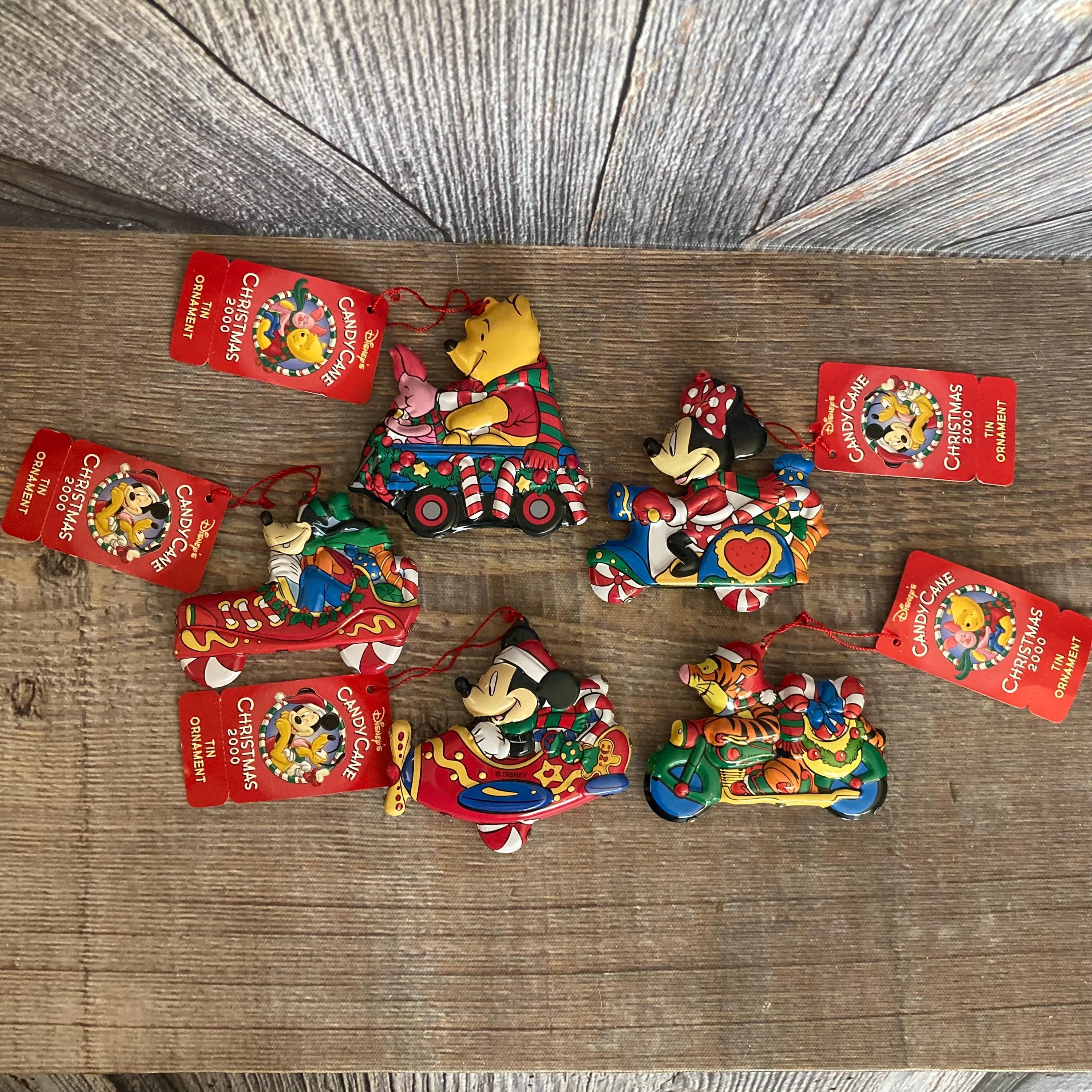 5 Vintage Disney Tin Ornaments, Metal Mickey Mouse Winnie the Pooh