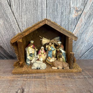 Vintage Christmas Nativity 10 Figure Set Nativity Scene Vintage Christmas Shelf Table Decoration Holiday Jesus and Stable Ceramic