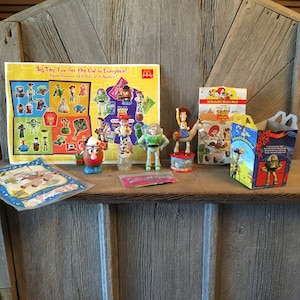 Toy Story 2 Candy Dispensers McDonalds Happy Meal Toys Action Figures Woody Rex Jessie Buzz Lightyear Vintage Disney Carton Bag 90s Vintage