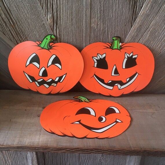 Three Vintage Halloween Pumpkin Paper Decorations Paper Cardboard Die Cut 3d Looking Pumpkins 3 For The Price Of One