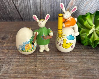 2 adornos vintage de madera para Pascua, huevos de Pascua pintados en miniatura de colores primarios, adornos para árbol de Pascua, Ellathesella