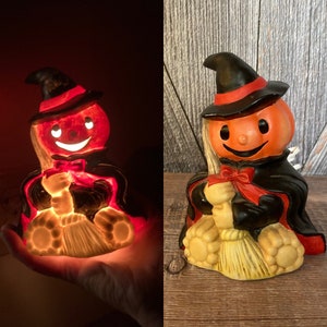 Halloween Ceramic Night Light - Pumpkin In Witch Hat With 17 Bulbs, Vintage Plug-in Decor For Bedroom & Party