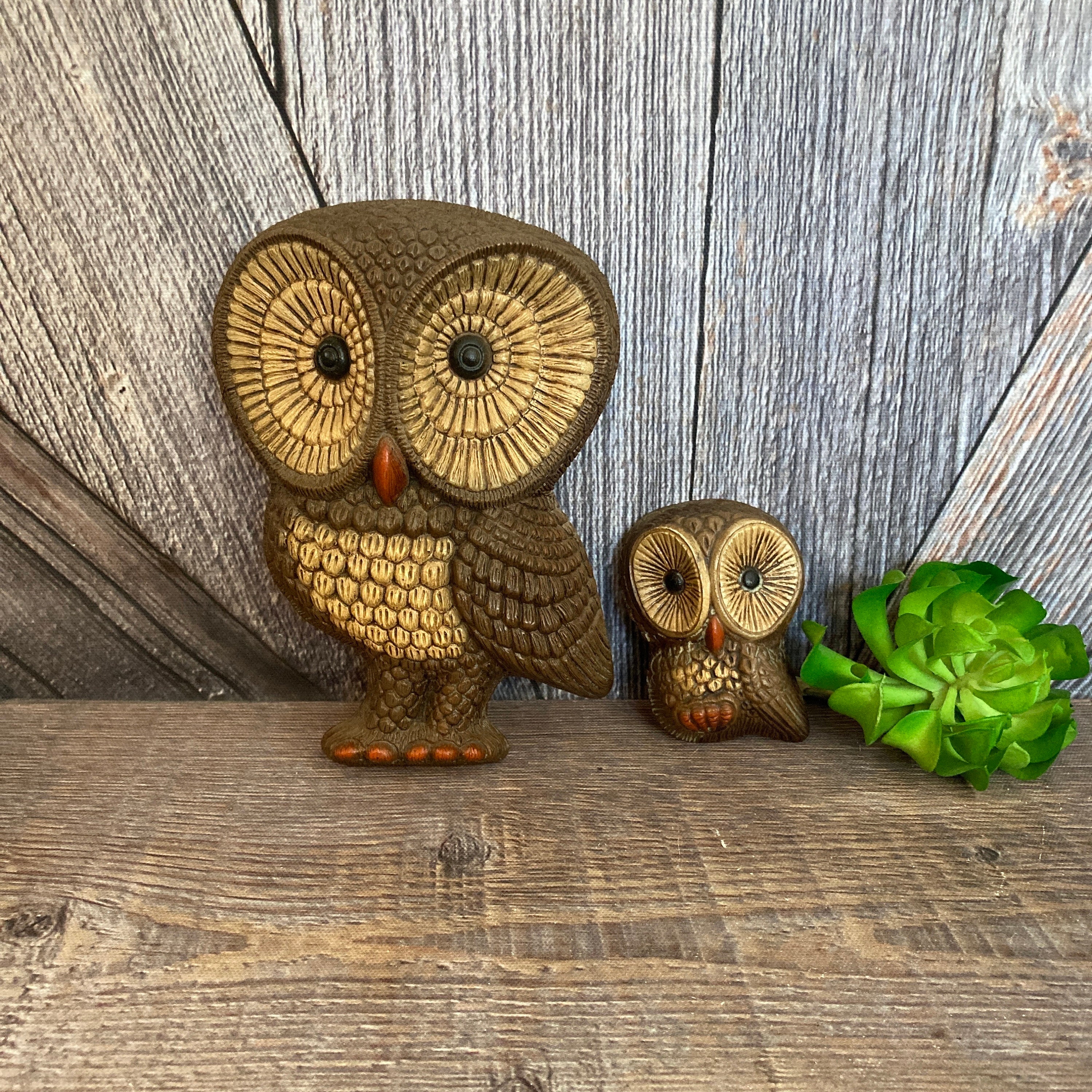 2 Owls Wall Hangings Sculpture Figurine Statue Gift for Friend MCM Midcentury Kitschy Decor 70's