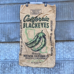 Free Shipping! Vintage Northern California Blackeyes packaged by Northern California Co. burlap sack CA Advertising Modesto California