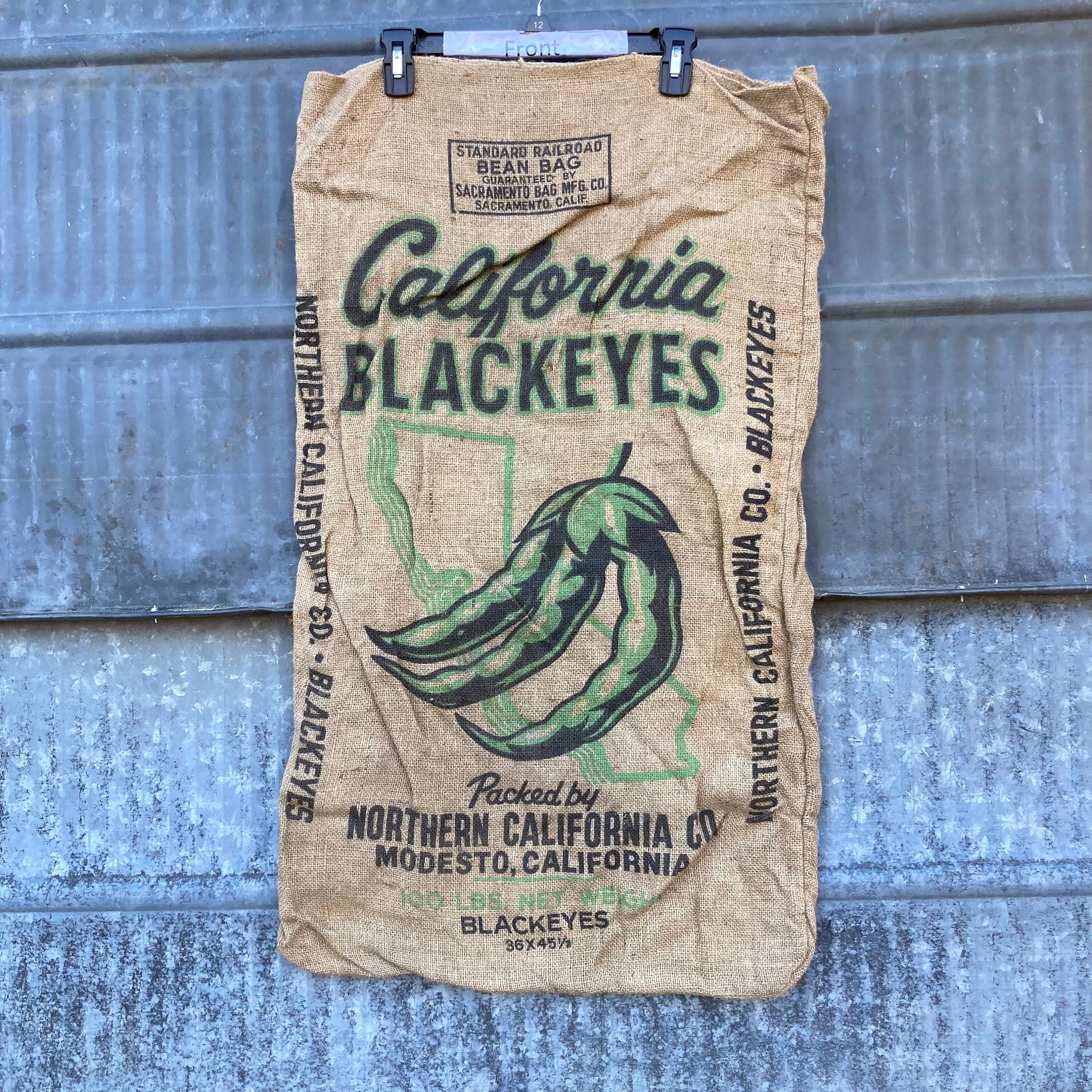 Free Shipping! Vintage Northern California Blackeyes packaged by Northern California Co. burlap sack CA Advertising Modesto California