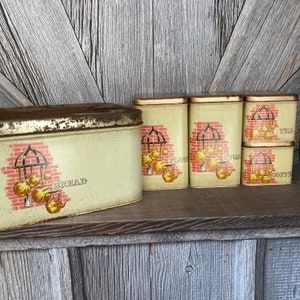 4 Vintage Canister Set and metal bread box {Metal Coffee Tea Set of 5 Vintage Kitchen Storage} Vintage Rustic Kitchen Farm Square Pink Pans