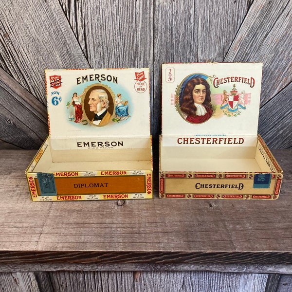 2 Vintage Cigar Boxes Vintage Authentic Cigar Box {Chesterfield Emerson} Vintage Decor Storage Box DIY Repurpose Wood Box Bachelor Gift